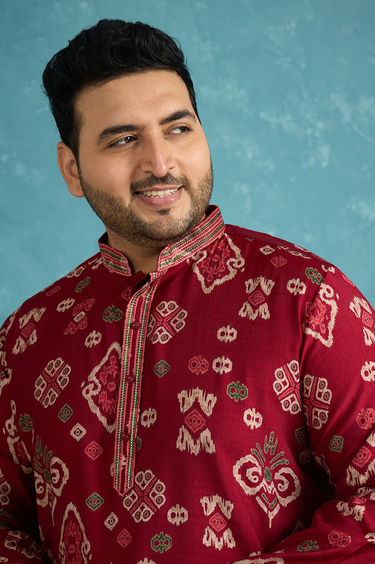 Ethnic Bay Mens Red Silk Blend Abstract Printed Kurta MKU1988