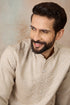 Ethnic Bay Mens Beige Linen Blend Geometric Woven Design Kurta With Trouser MKSET2364