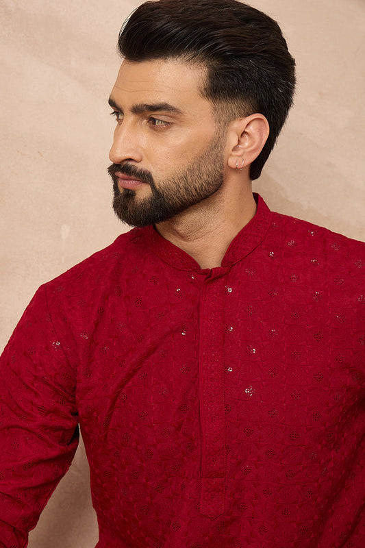 Maroon Viscose Rayon Solid Embroidered Straight Kurta