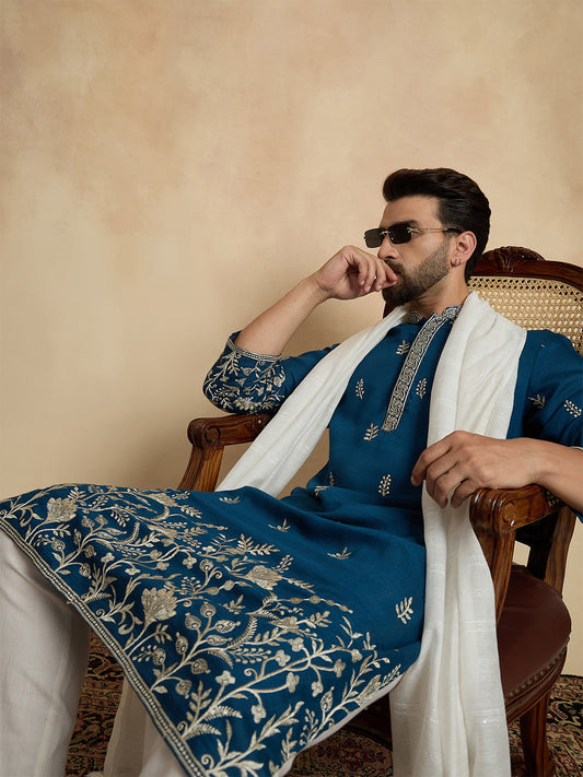 Ethnic Bay Men Blue Chanderi Silk Solid Embroidered Straight Kurta Trouser with Dupatta MKPD1315