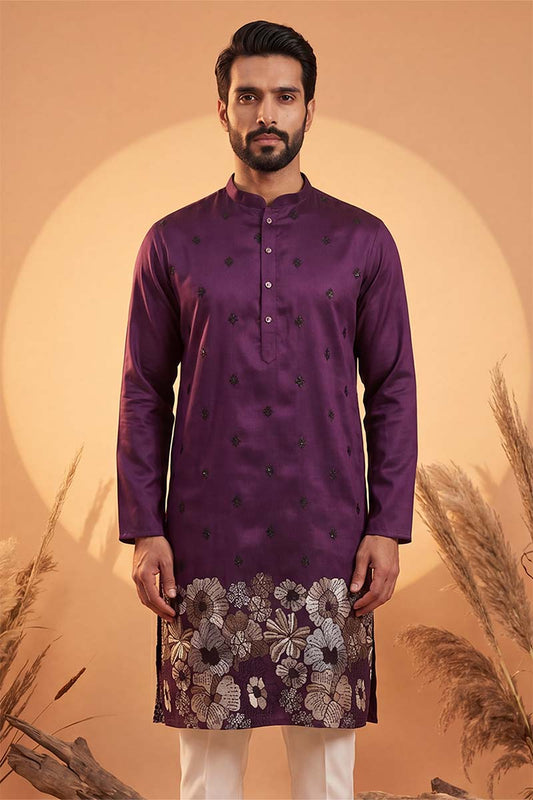 Ethnic Bay Mens Violet Silk Blend Solid Embroidered Kurta MKU2104