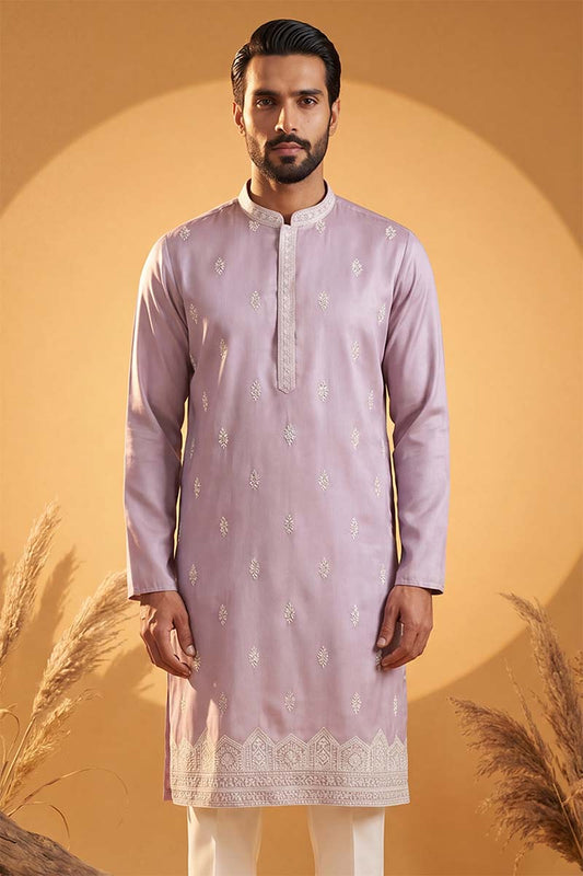 Ethnic Bay Mens Lavender Silk Blend Solid Embroidered Kurta MKU2269