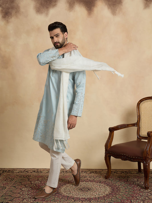 Ethnic Bay Men Blue Silk Blend Solid Embroidered Straight Kurta Sets MKUD1785