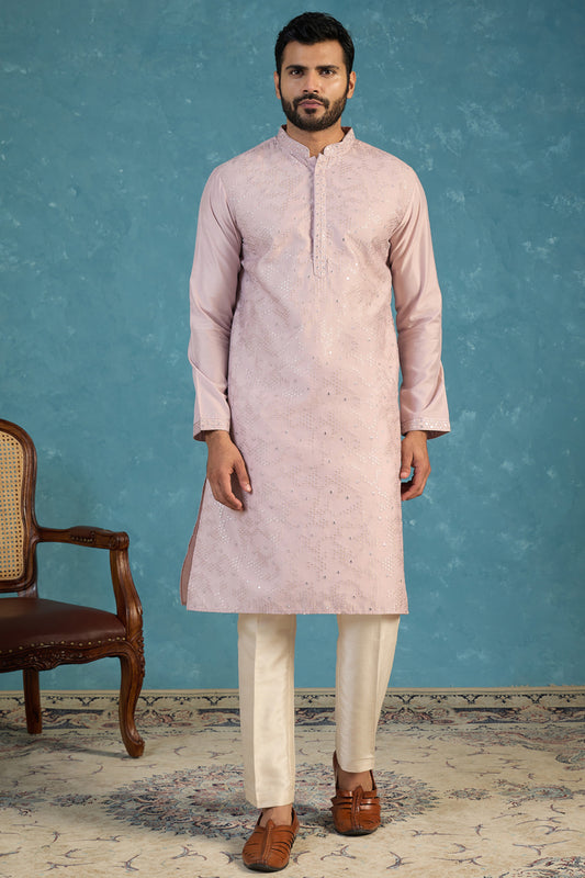 Ethnic Bay Men Lavender Silk Blend Embroidered Straight Kurta MKU2135