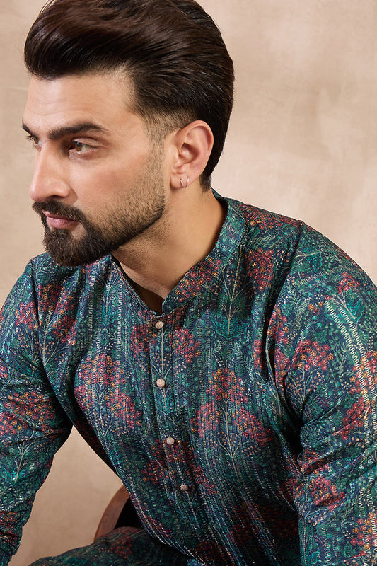 Blue Silk Blend Floral Printed Straight Kurta MKU1974