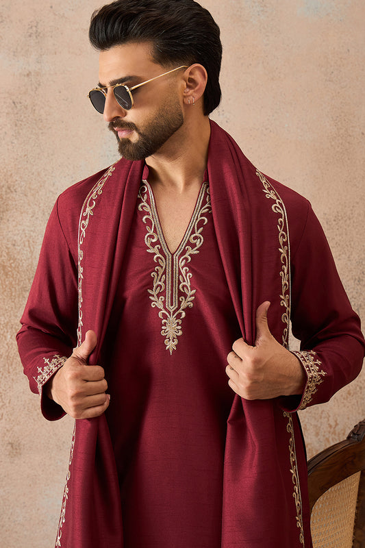 Ethnic Bay Mens Maroon Silk Blend Solid Embroidered Kurta & Trouser With Dupatta MKPD1036