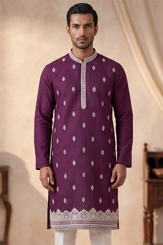 Ethnic Bay Silk Blend Purple Solid Embroidered Calf Length Straight Kurta With Trousers MKSET2272