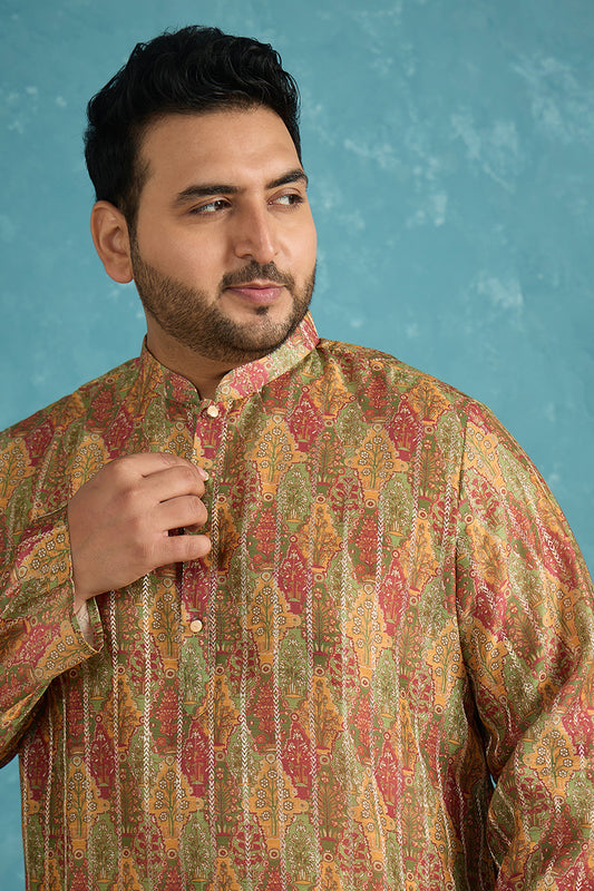 Ethnic Bay Mens Green Silk Blend Floral Printed Kurta MKU1953