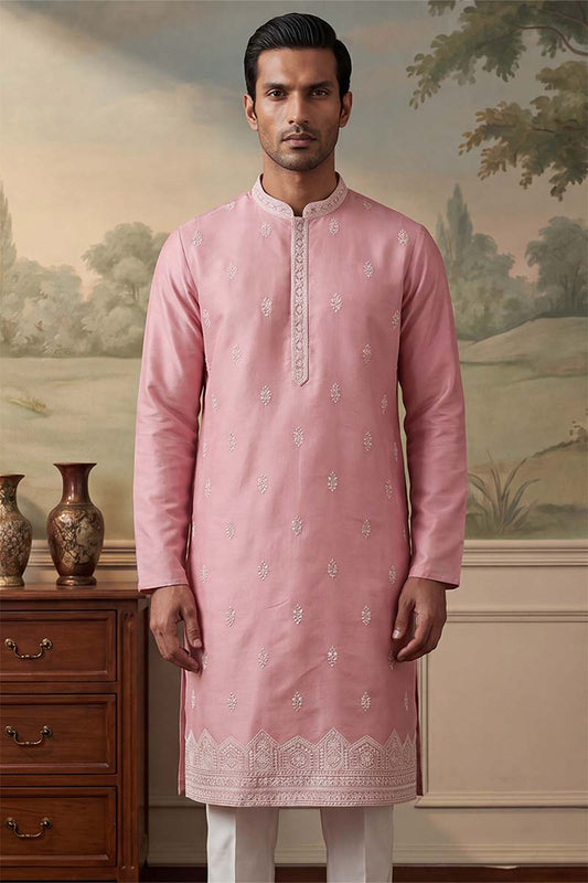 Ethnic Bay Silk Blend Pink Solid Embroidered Calf Length Straight Kurta With Trousers MKSET2271