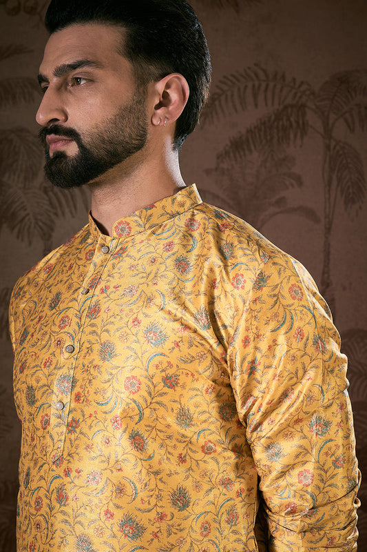 Yellow Silk Blend Floral Printed Straight Kurta MKU1946