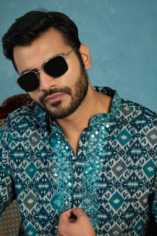 Ethnic Bay Mens Sea Green Silk Blend Ethnic Motifs Ikat Printed Kurta MKU1893