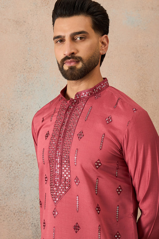 Ethnic Bay Mens Rose Silk Blend Solid Embroidered Sequins Kurta With Trouser MKSET2259