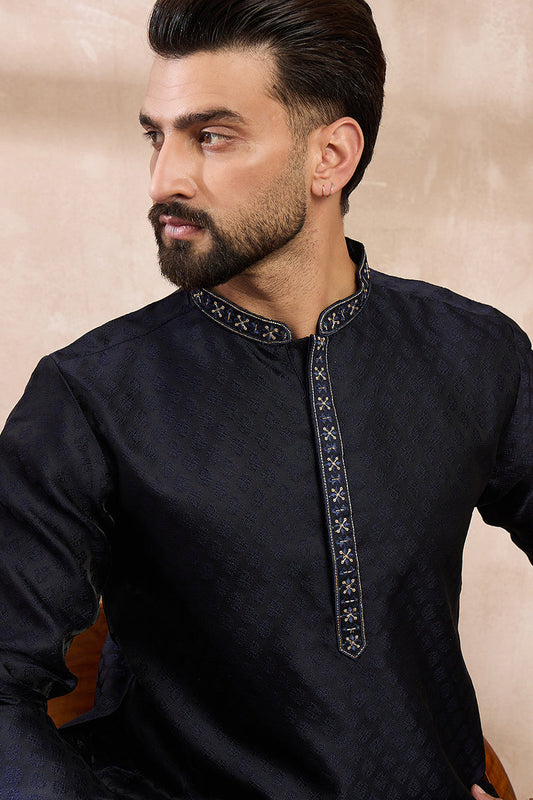 Navy Blue Silk Blend Solid Woven Design Straight Kurta With Trouser MKSET1853
