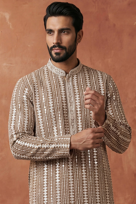Ethnic Bay Brown Rayon Blend Embroidered Straight Kurta With Trousers MKSET2178