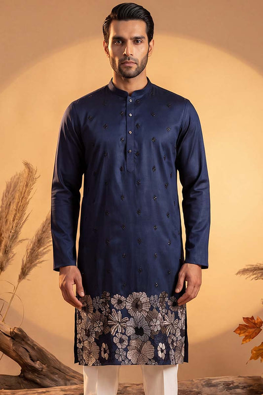 Ethnic Bay Mens Blue Silk Blend Solid Embroidered Kurta With Trousers MKSET2065
