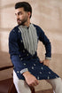 Navy Blue Silk Blend Embroidered Mandarin Collar Straight Kurta MKU1795