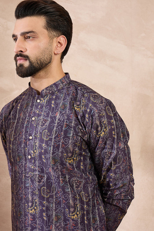 Violet Silk Blend Ethnic Motifs Printed Straight Kurta MKU1954