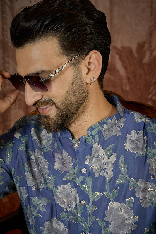 Ethnic Bay Mens Blue Silk Blend Floral Printed Kurta With Trouser MKSET2567