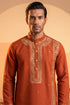 Ethnic Bay Mens Orange Silk Blend Solid Emboidered Straight Kurta MKU2371