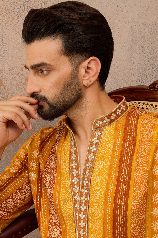Ethnic Bay Mens Yellow Viscose Rayon Bandhani Printed Kurta MKU2762