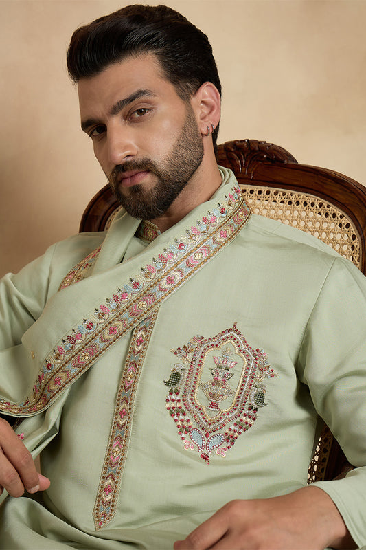 Ethnic Bay Mens Green Silk Blend Solid Embroidered Sequins Kurta With Dupatta MKUD1070