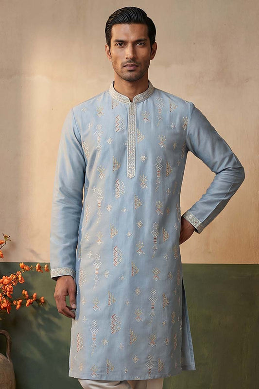 Ethnic Bay Silk Blend Blue Solid Embroidered Calf Length Straight Kurta MKU2141