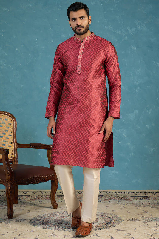 Ethnic Bay Mens Maroon Jacquard Woven Design Straight Kurta MKU2342