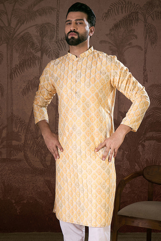 White Silk Blend Ethnic Motifs Printed Straight Kurta MKU1914