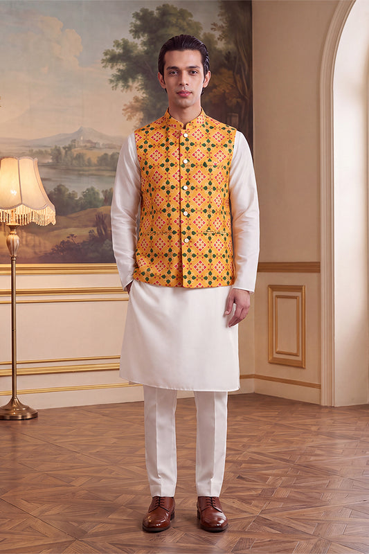 Ethnic Bay Mens Yellow Silk Blend Patola Print Mandarine Collar Koti MKOT1050