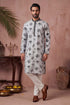 Ethnic Bay Mens Silk Blend Embroidered Solid Blue Kurta With Trousers MKSET1805