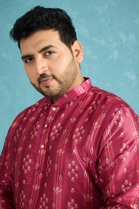 Ethnic Bay Mens Purple Silk Blend Floral Printed Kurta MKU1930
