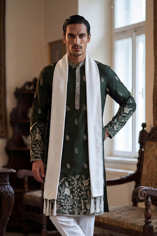 Ethnic Bay Men Olive Chanderi Silk Solid Embroidered Straight Kurta with Dupatta MKUD1319