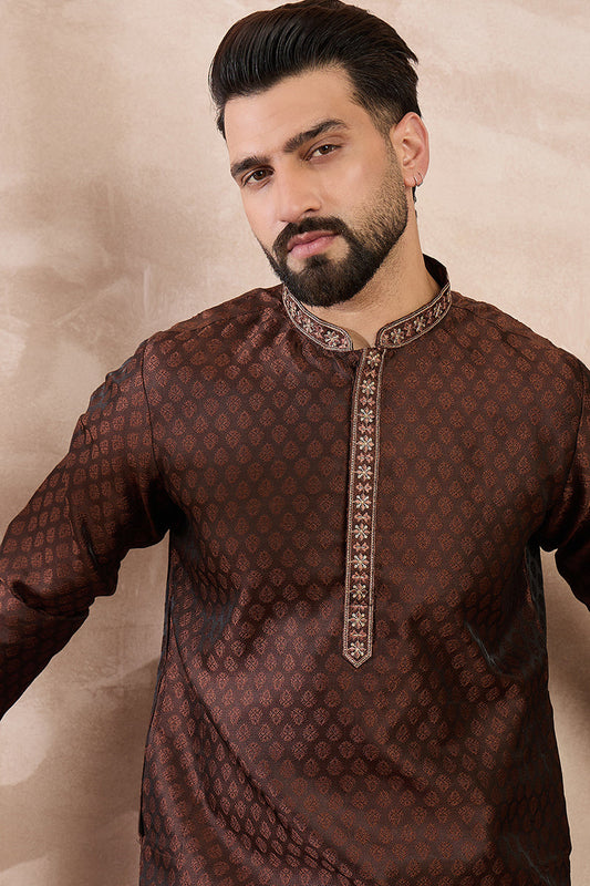Brown Silk Blend Solid Woven Design Straight Kurta MKU1855