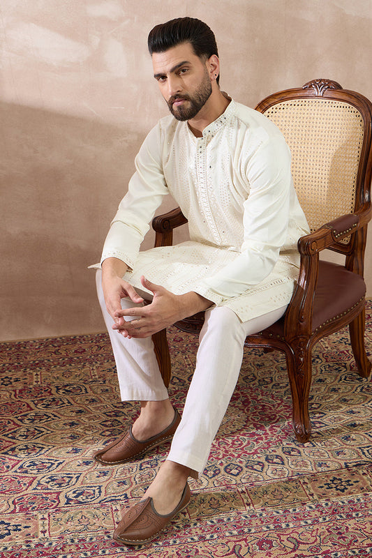 White Silk Blend Embroidered Mandarin Collar Straight Kurta MKU1891