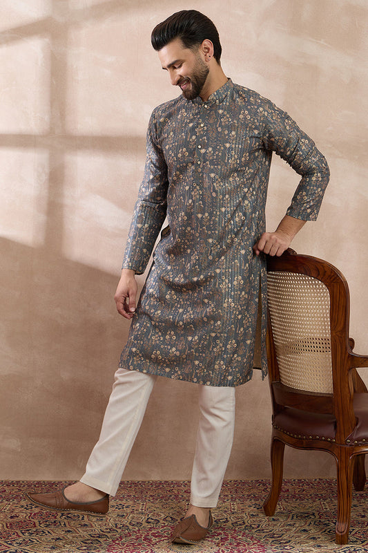 Grey Silk Blend Printed Mandarin Collar Straight Kurta MKU1931