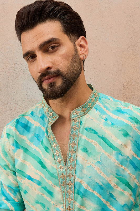 Ethnic Bay Mens Turquoise Blue Viscose Rayon Leheriya Printed Kurta MKU2761