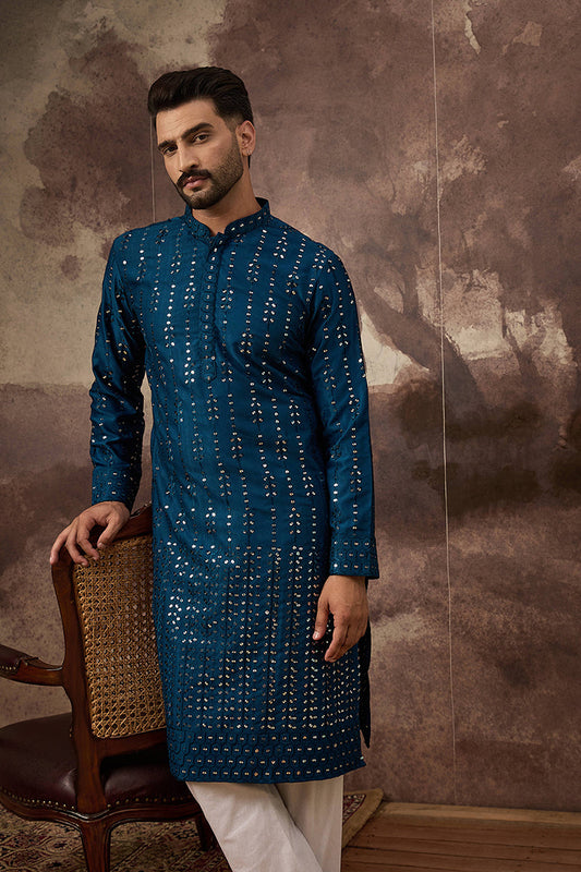 Blue Silk Blend Solid Embroidered Straight Kurta With Pant Set MKSET1358
