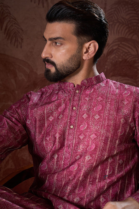 Maroon Silk Blend Ethnic Motifs Printed Straight Kurta With Trouser MKSET1928