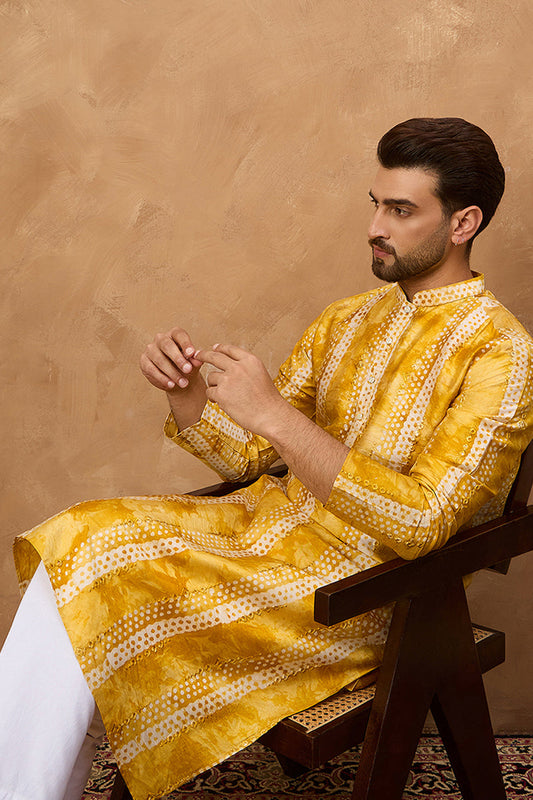Yellow Silk Blend Shibori Embroidered Straight Kurta MKU1540