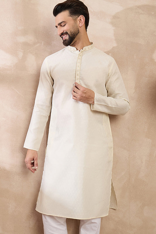 Off White Silk Blend Solid Woven Design Straight Kurta With Trouser MKSET1897