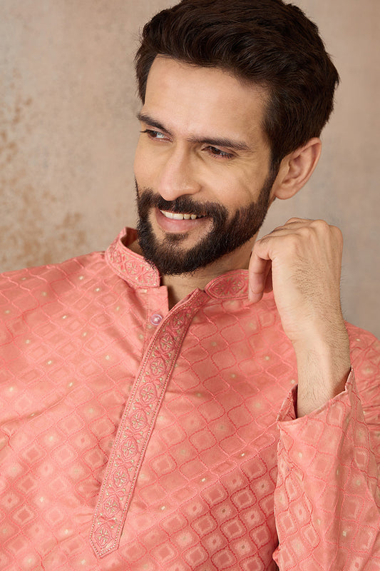 Ethnic Bay Mens Coral Jacquard Ethnic Motifs Embroidered Kurta MKU2491
