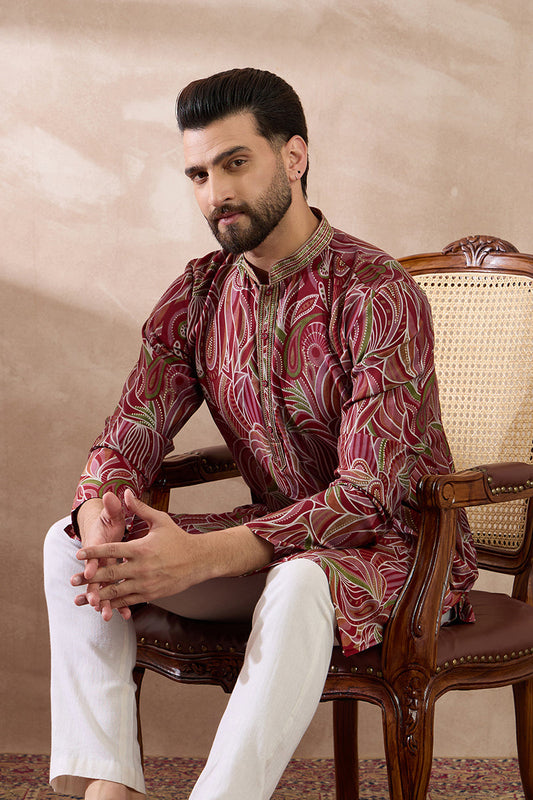 Red Silk Blend Printed Mandarin Collar Straight Kurta With Trouser MKSET1959