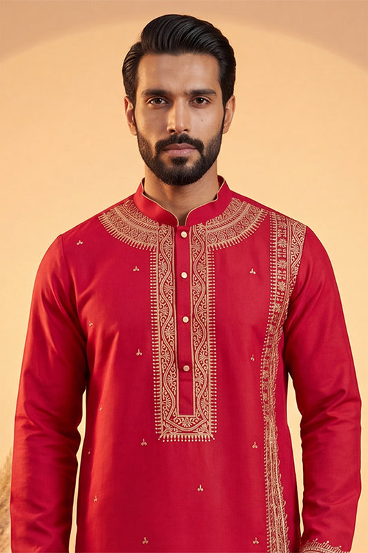 Ethnic Bay Mens Pink Silk Blend Solid Emboidered Straight Kurta With Trouser MKSET2315