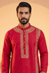 Ethnic Bay Mens Pink Silk Blend Solid Emboidered Straight Kurta With Trouser MKSET2315
