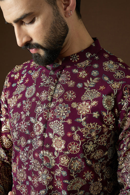 Wine Georgette Solid Embroidered Straight Kurta Sets MKSET1863
