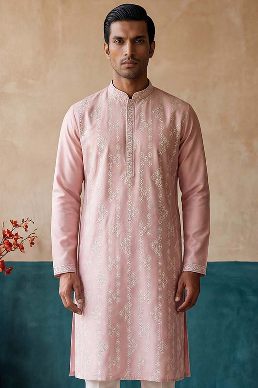 Ethnic Bay Mens Pink Silk Blend Solid Embroidered Kurta MKU2088