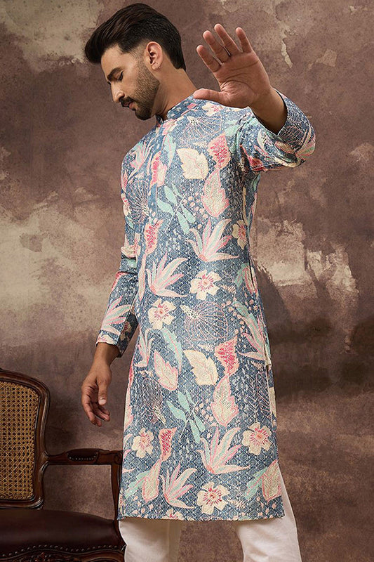 Blue Viscose Rayon Floral Embroidered Straight Kurta with Trouser