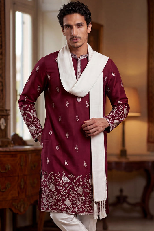 Ethnic Bay Men Maroon Silk Blend Solid Embroidered Straight Kurta with Dupatta MKUD1945