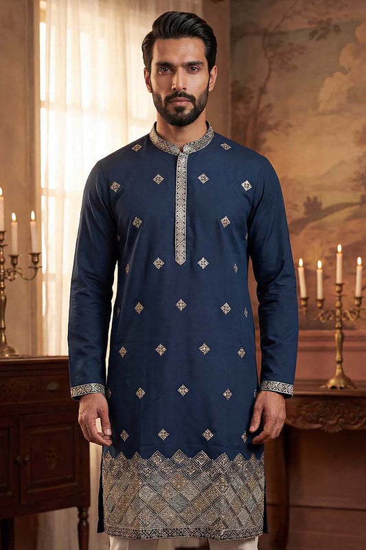 Ethnic Bay Silk Blend Blue Solid Embroidered Calf Length Straight Kurta MKU2099