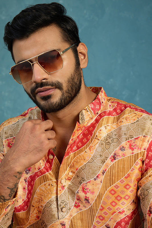 Ethnic Bay Yellow Silk Blend Printed Straight Kurta With Trousers MKSET2168